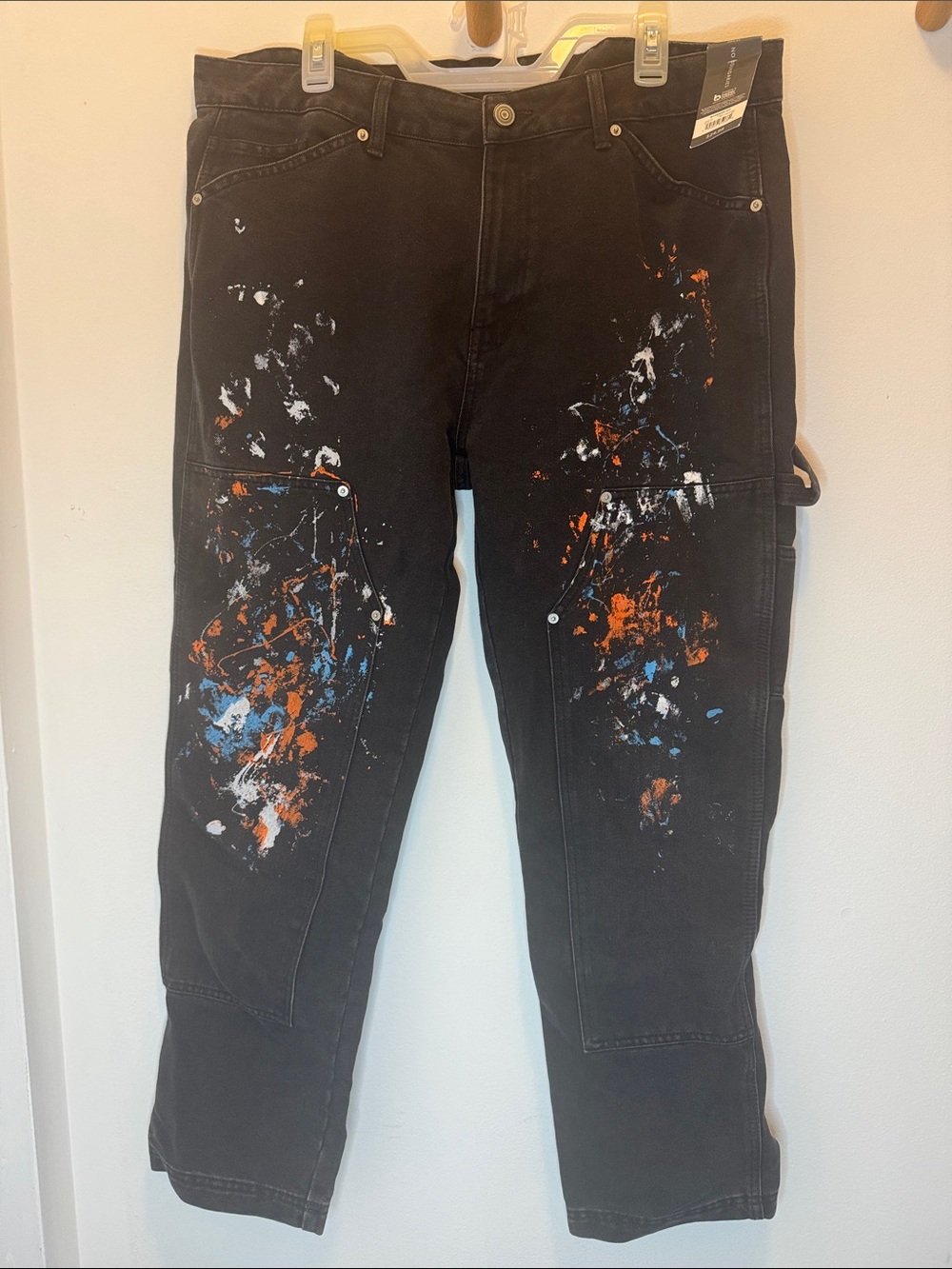 NWT Black Painter Style Work Pants with Orange, Blue, White Splatter